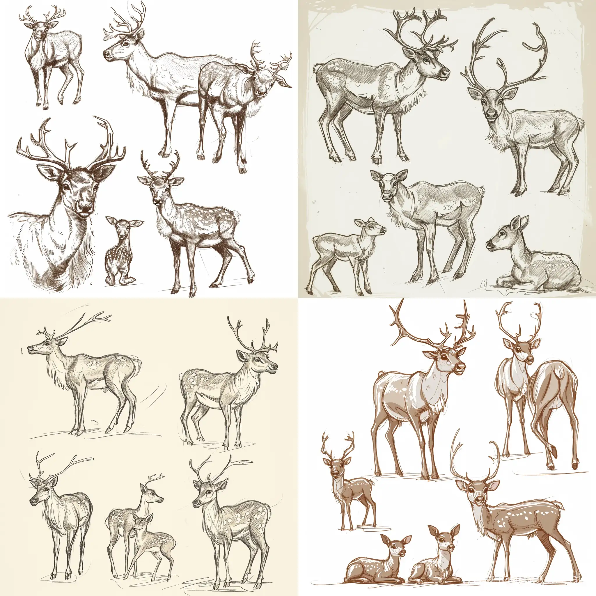 Draw five reindeer and two fawns in different poses in sketchbook sketch style, quick sketch style