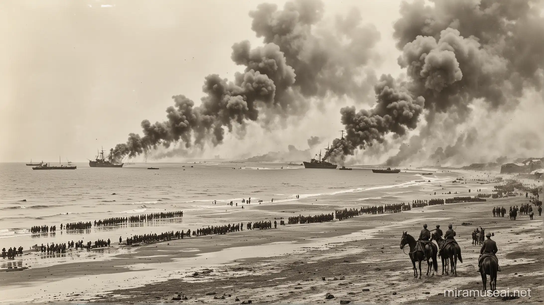 Praia com milhares de militares Romenos atirando, muita fumaça e explosão de artilharia, ao fundo a praia com alguns navios e militares a cavalo. Fotografia de 1912