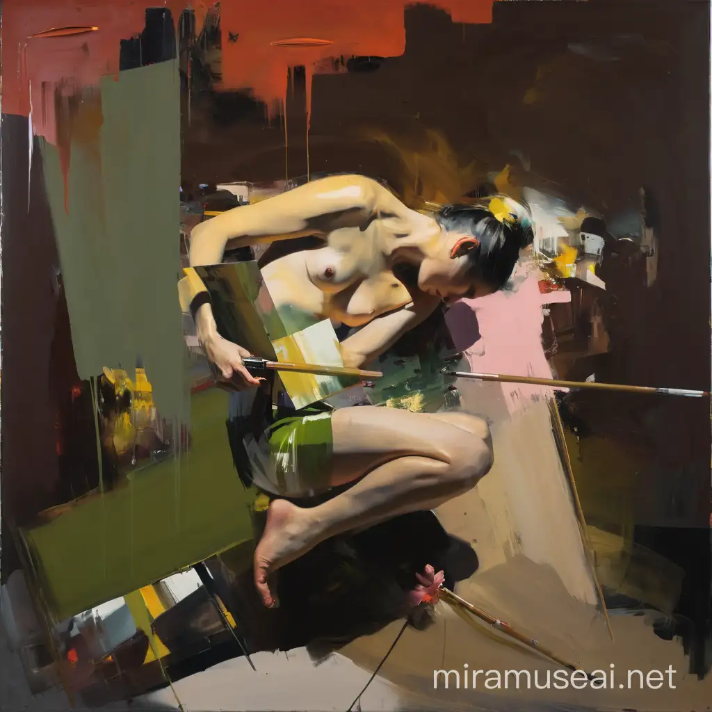 Ethereal Figures Amidst Dynamic Brushstrokes Painting in the Style of Adrian Ghenie