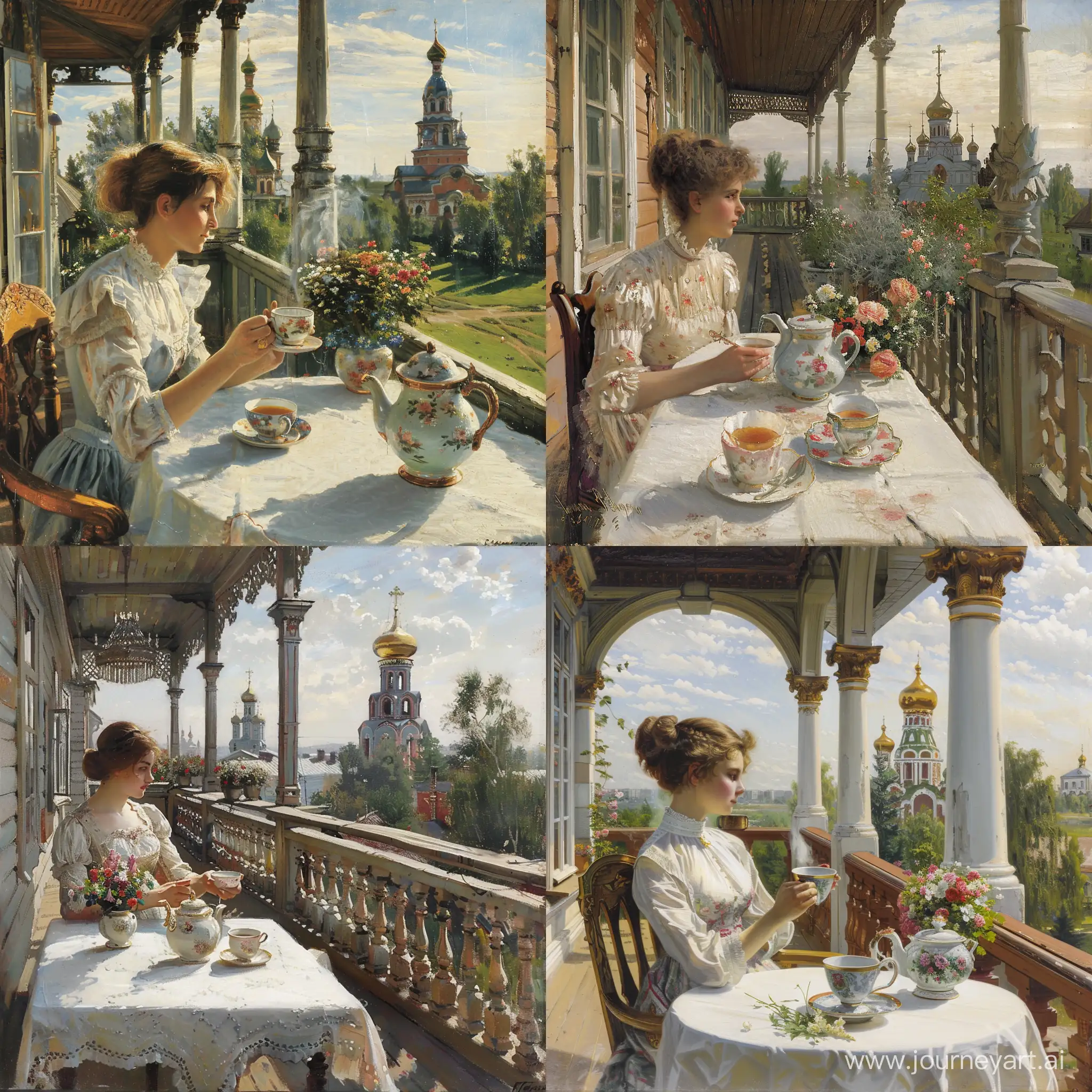 XIX century in the Russian Empire. on the veranda of the estate at the table sits a woman, turned sideways, holding a cup of tea. On the table is a white tablecloth, a porcelain teapot, flowers. In the background in the distance church