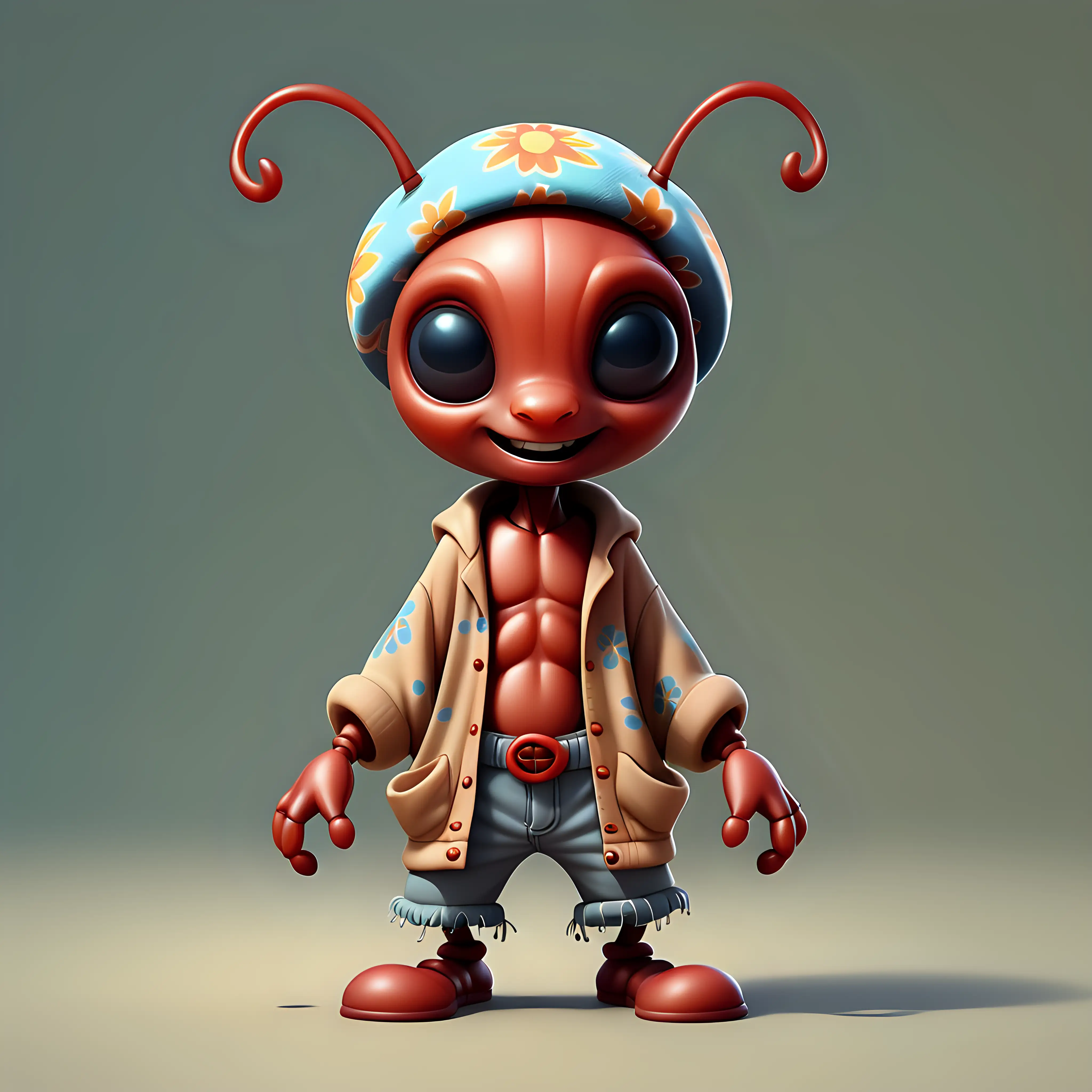 a cute Ant in full body cartoon style with Hippie clothes with clear background