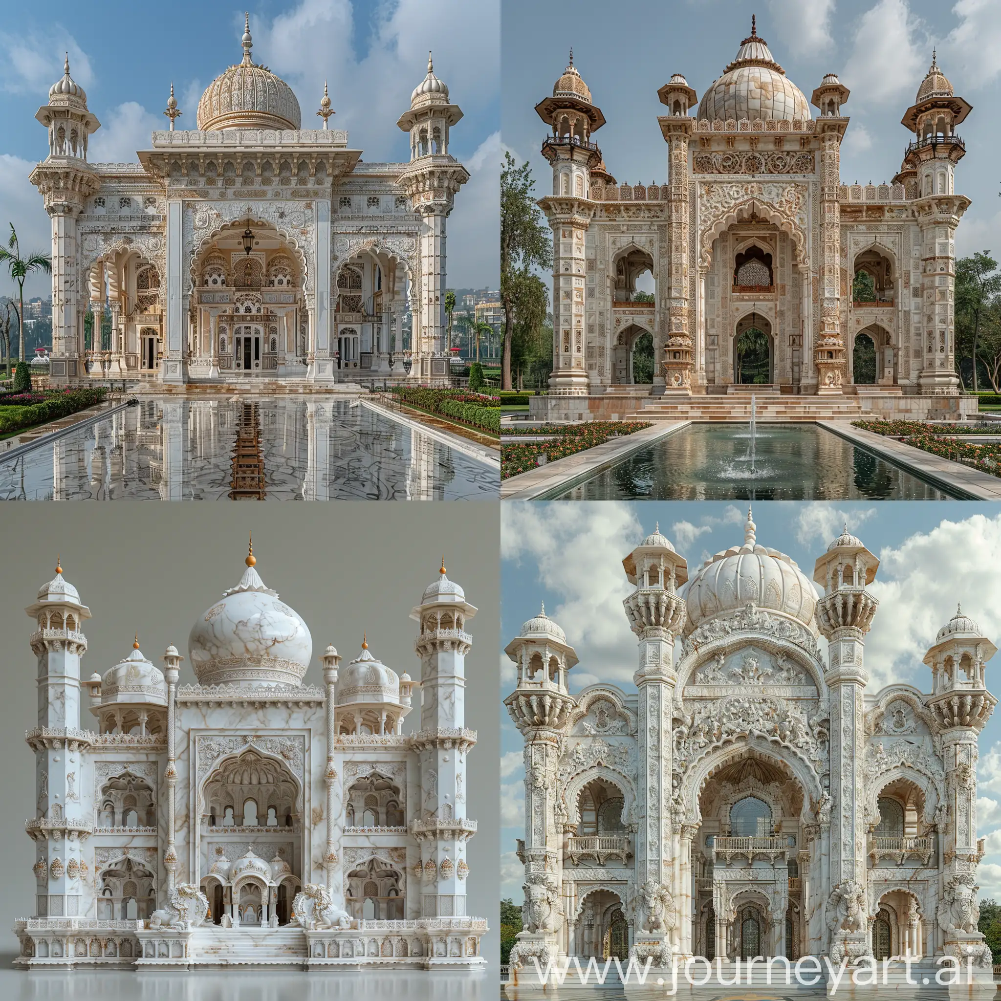 Shiny White marbled tall Mughal architecture, onion dome at the top, Mughal carving on white marbles, Doric order influences, front view perspective, full view --style raw --s 999