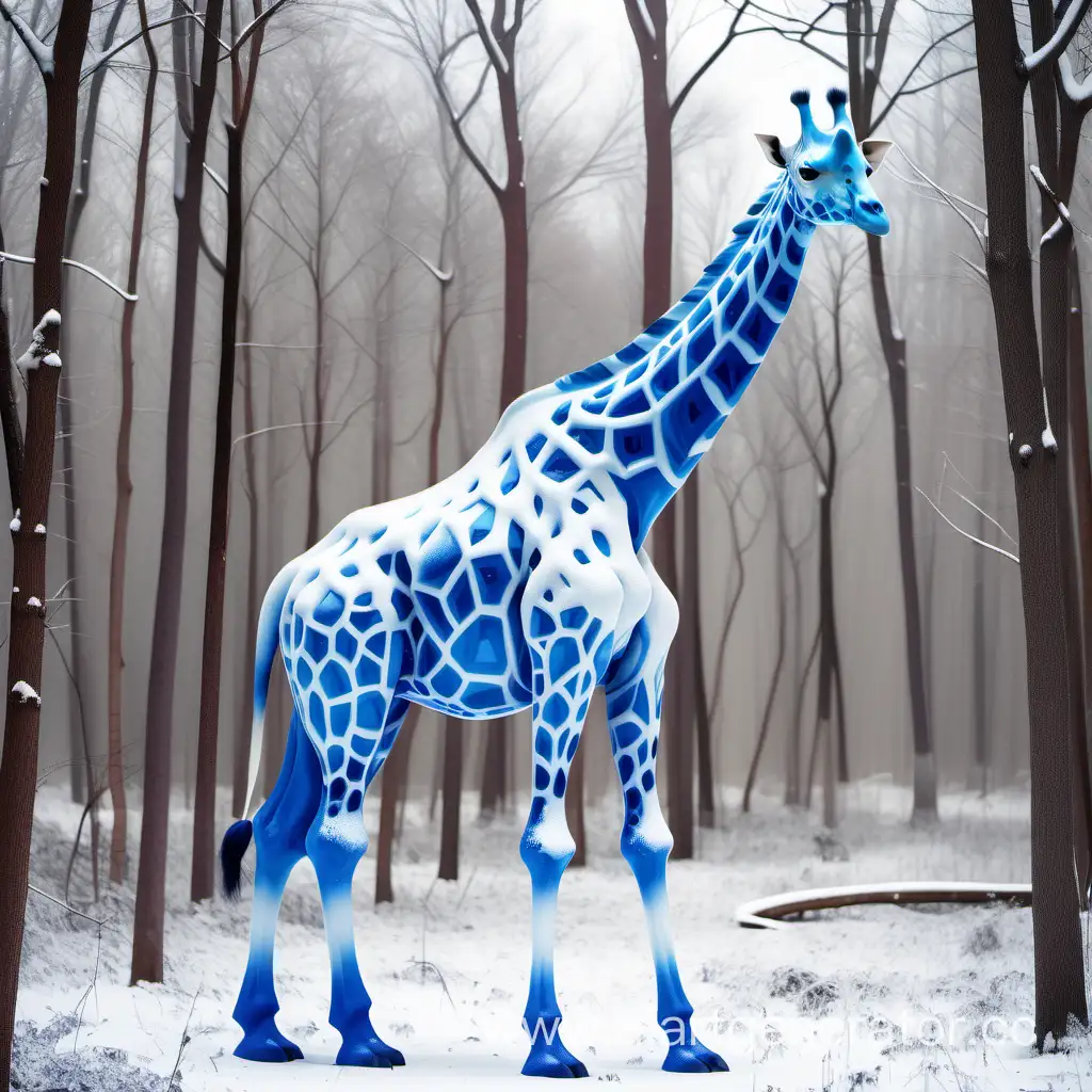 Огромный сине белый ледяной жираф дьявола в лесу зимой снег