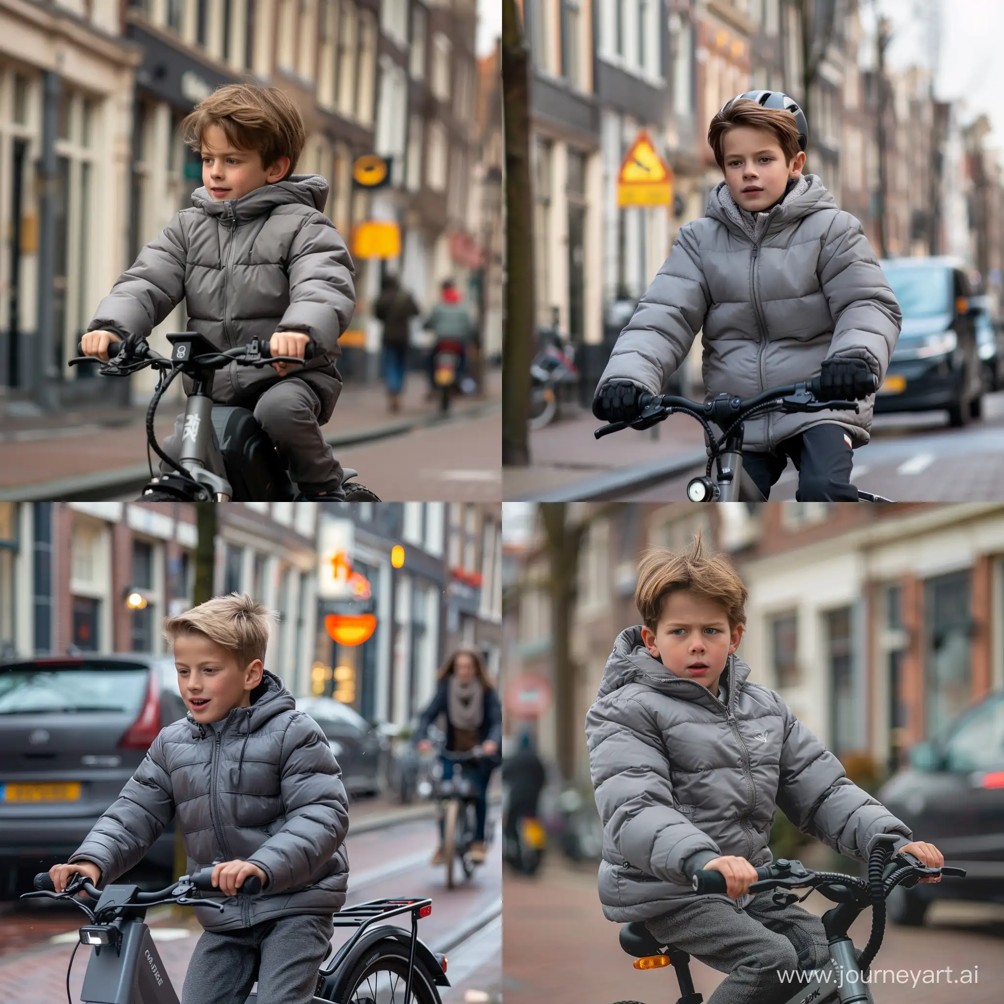 Boy in gray puff jacket, ride on the e-bike, nederland street 