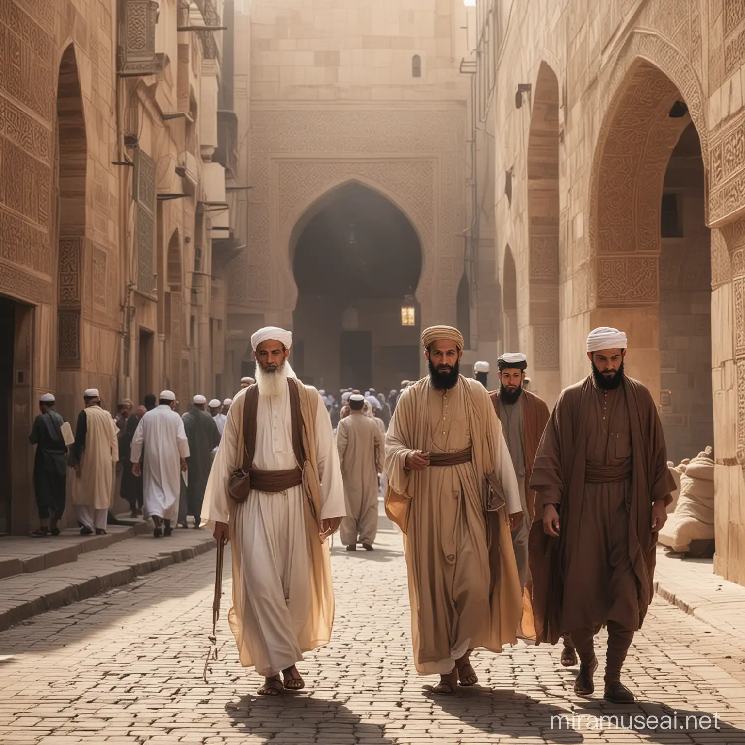 Muslim men in ancient times go to the mosque and walk on the streets