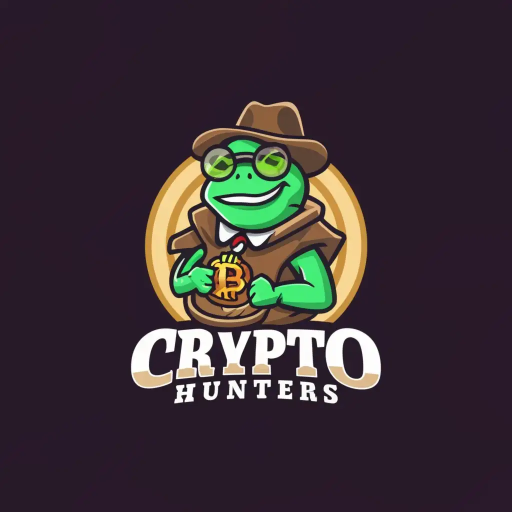 a logo design,with the text "crypto hunters", main symbol:pepe hunter coins crypto,Moderate,clear background