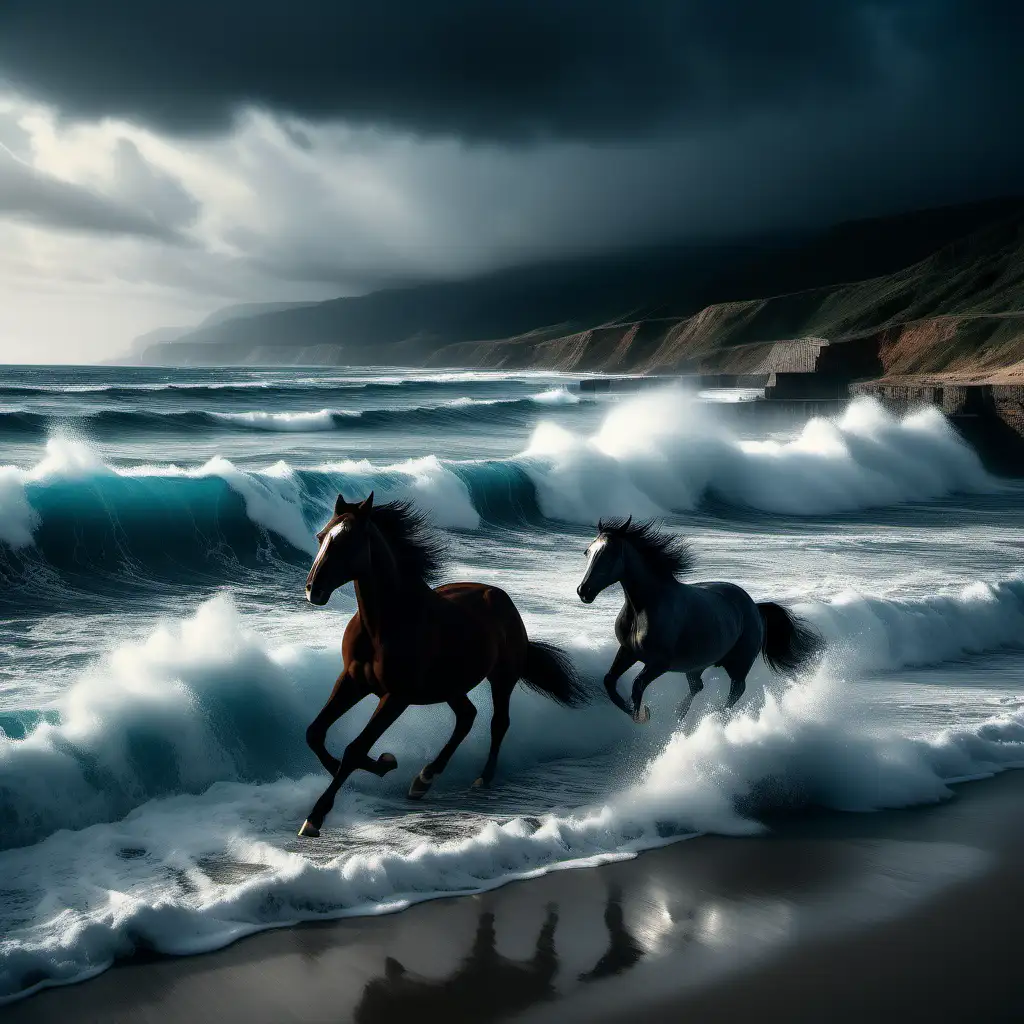 Beautiful moody blue ocean waves crashing down onto a beach with horses galloping on the shore