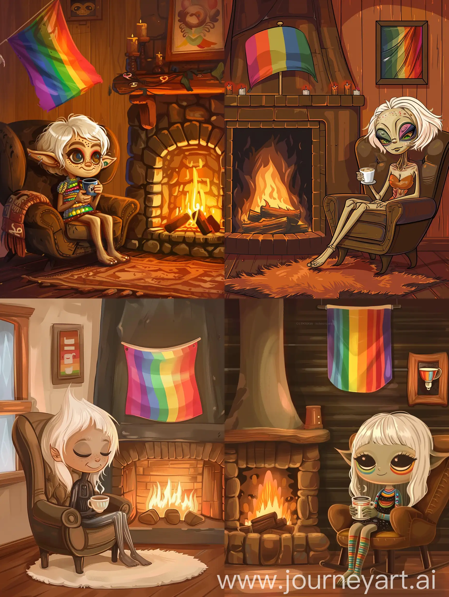 Cosy-Alien-Girl-with-LGBT-Flag-by-Fireplace-Sipping-Coffee