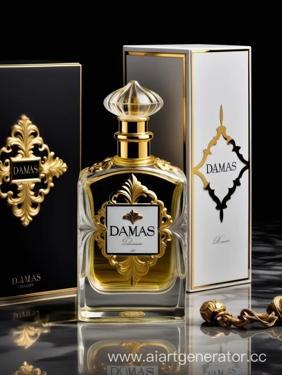 a bottle of damas cologne sitting next to a dark White box,with golden lines a Baroque dynamic luxurious composition, feminine
flemish Baroque