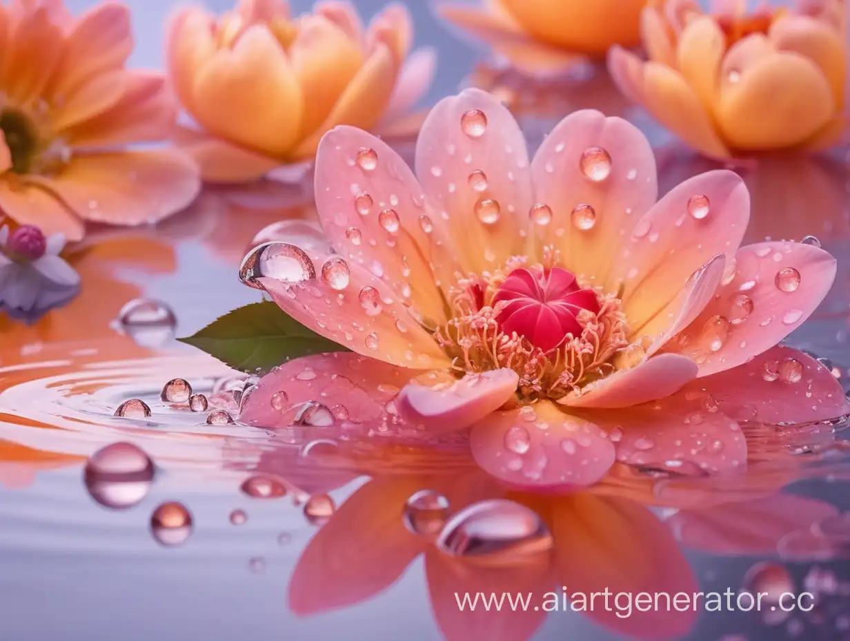 Tranquil-Morning-Orange-Peach-Blossoms-Reflecting-in-Water-with-Dewdrops