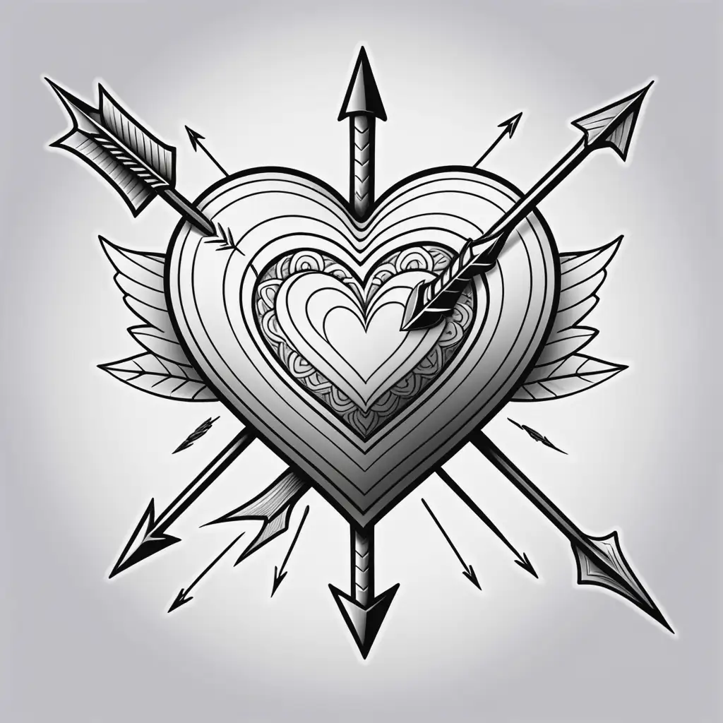 No background. Adult coloring book, black and white, cartoon style, dark-lined, no shading, high details.  tattoo of love heart pierced by arrow. 