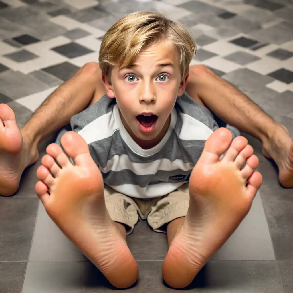 a 10 year old blonde boy , feet up, soles of feet prominently displayed, sitting on the floor.astonished face with open mouth His entire body is in the center of the image and is perfectly aligned and conforms to the dimensions of the image, leaving enough space from the model to the edges of the image