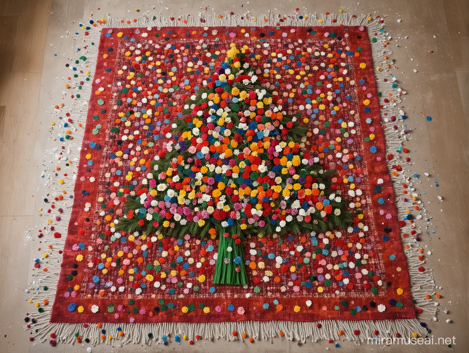 A christmas tree shape that ha s approx 150 assorted cut flower heads stuck to the 2D surface shape. The tree is standing on an Indian rug. On the rug and around the base are many coloured paint spills and many empty tubes of paint randomly strewn around