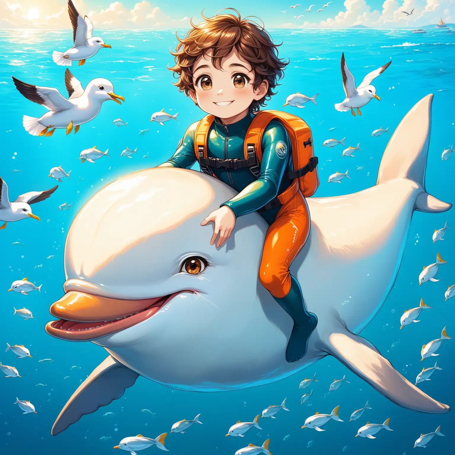 10 years old boy, riding a smiling dolphin in Persian sea, cute, smiling, Persian face, wearing diving suits, smaller eyes, seagull, few fishes, bigger nose, white skin, brown eyes, neat hair, heavenly.