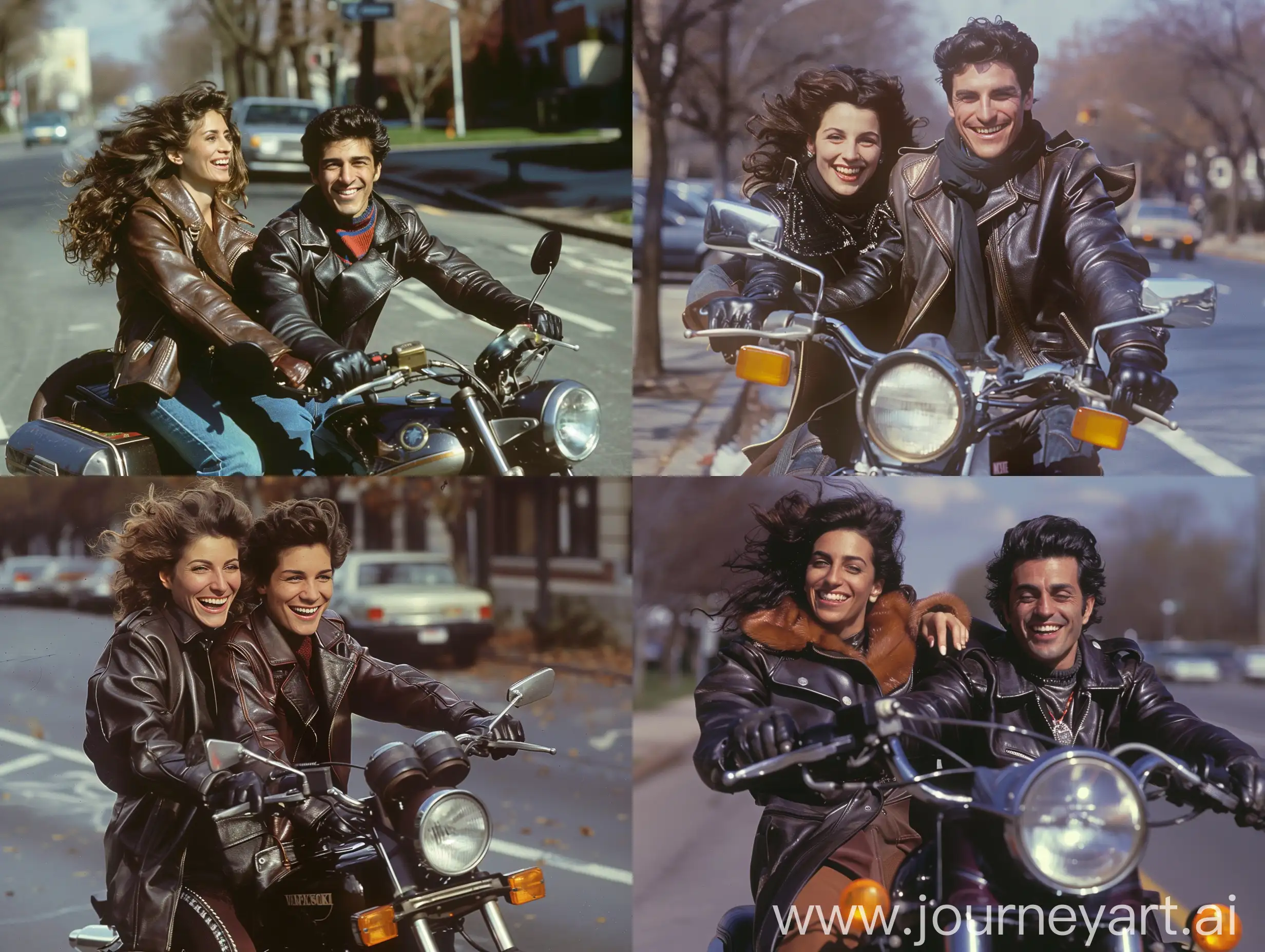 1980s stylish Italian man and woman wearing leather coat, riding on a 1980s motorcycle and smiling, streetsnof New York suburbs background