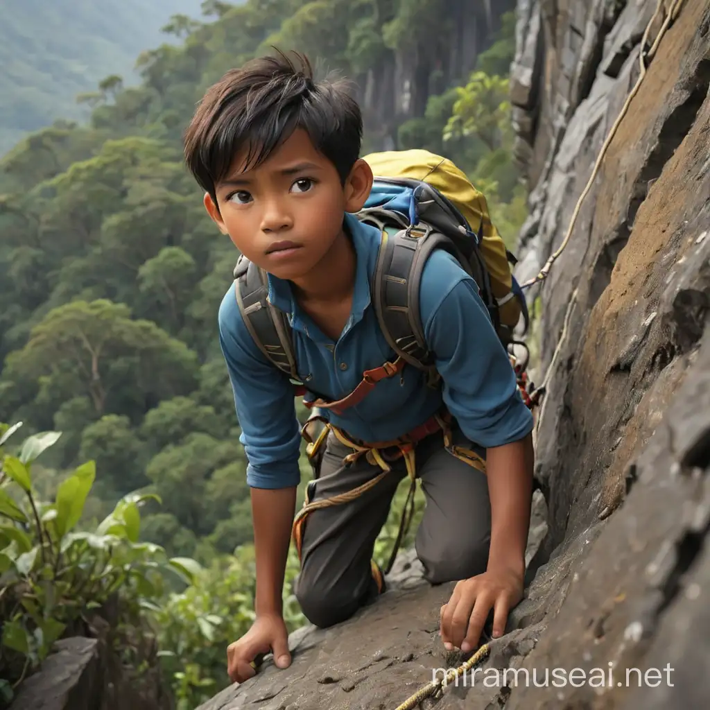 seorang lelaki indonesia tampan usia 14 tahun memakai peralatan lengkap panjat tebing sedang memanjat tebing yang terjal dan bergelantungan di tebing yang berbentuk melengkung, dia berusaha keras bertahan dengan sekuat tenaga, penuh keringat. terlihat dari kejauhan, suasana siang hari, dramatis, raw image, full hd
