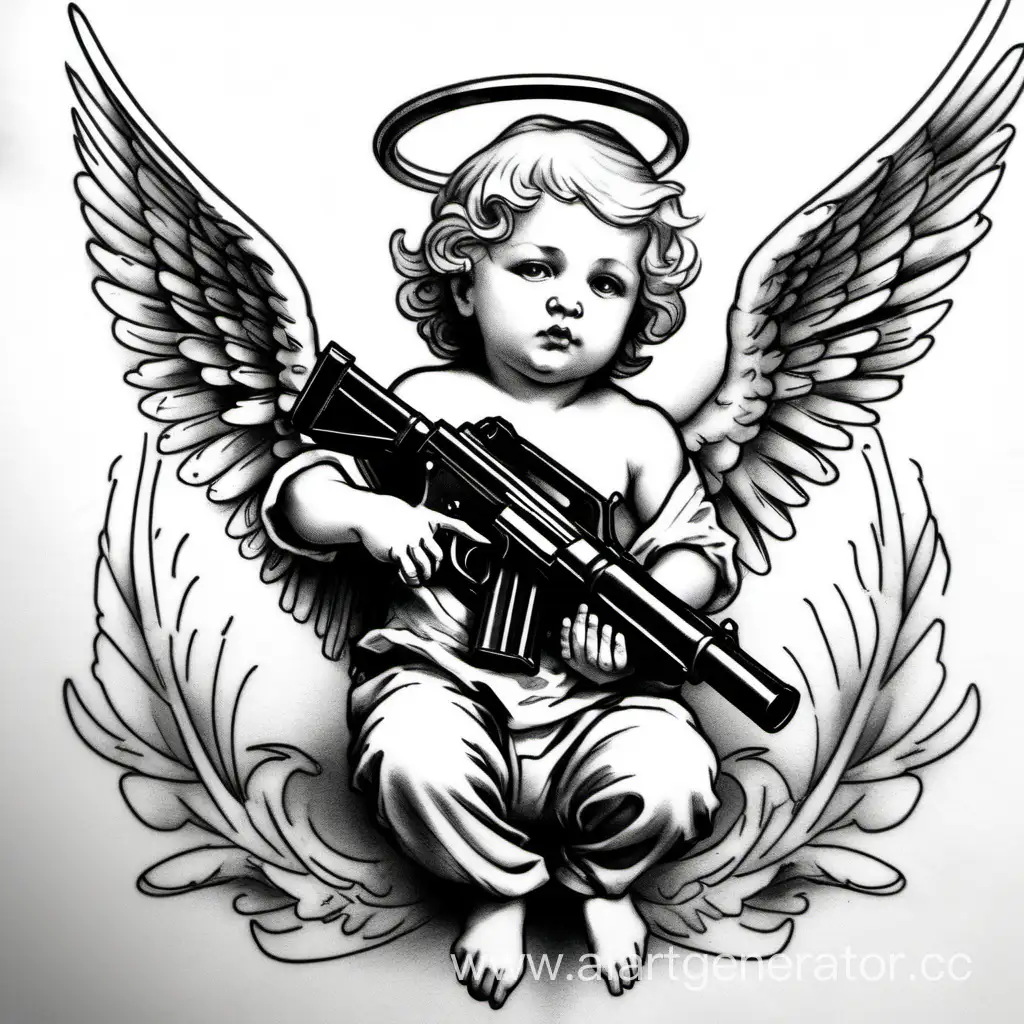 эскиз тату, черно-белый, ангел держит пистолет, ангел ребенок,  ангел малыш, короткий пистолет, дуло направлено на юг 