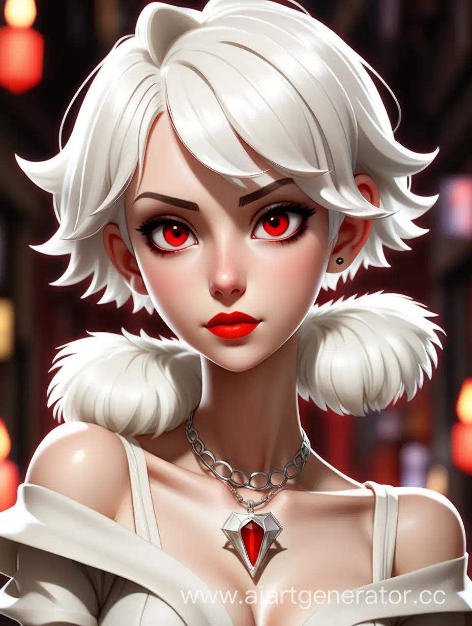A very beautiful girl with short white hair, light brown eyes, shiny red lips, wearing a magical necklace, high-quality anime style.