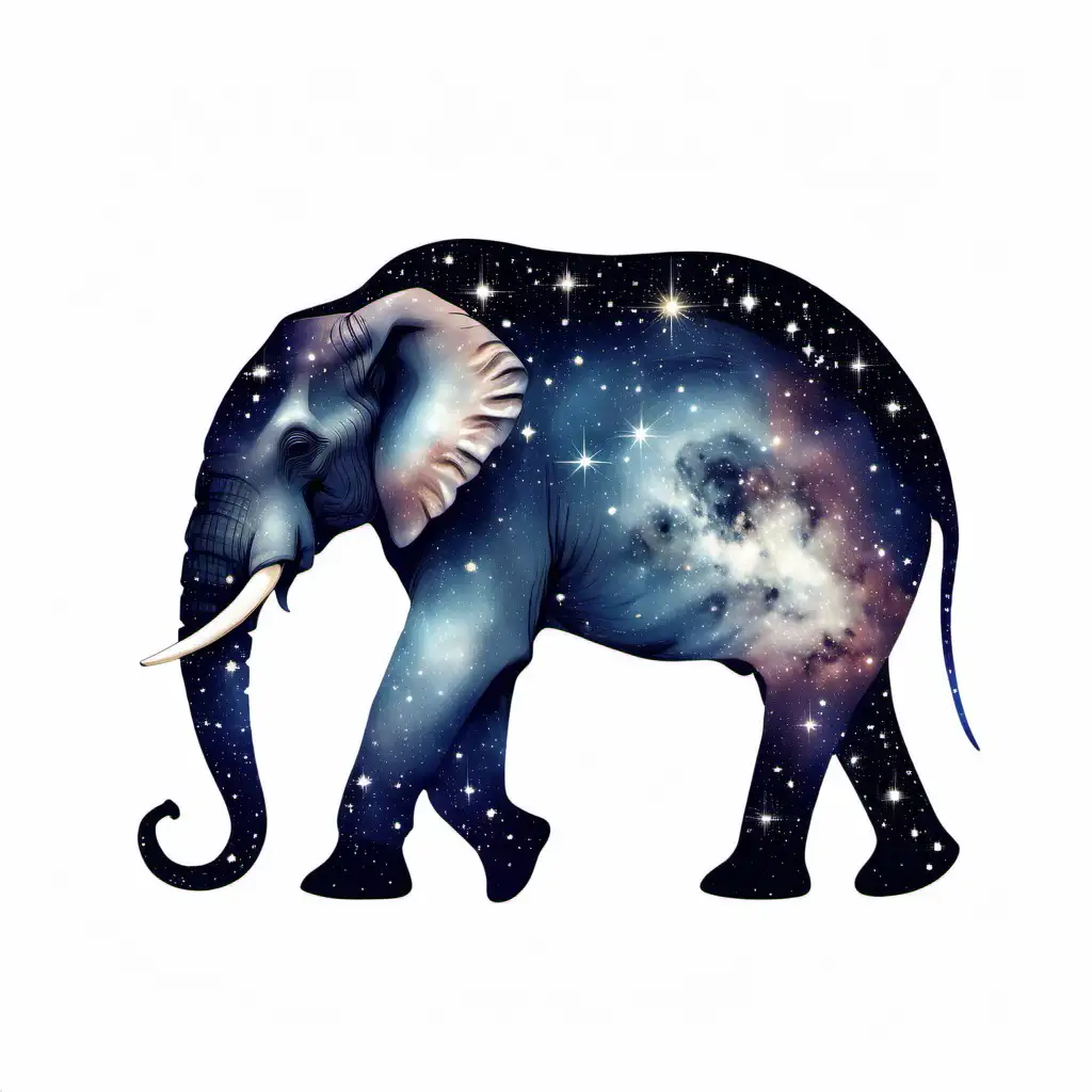 the cosmos in the shape of an elephant, against a white background