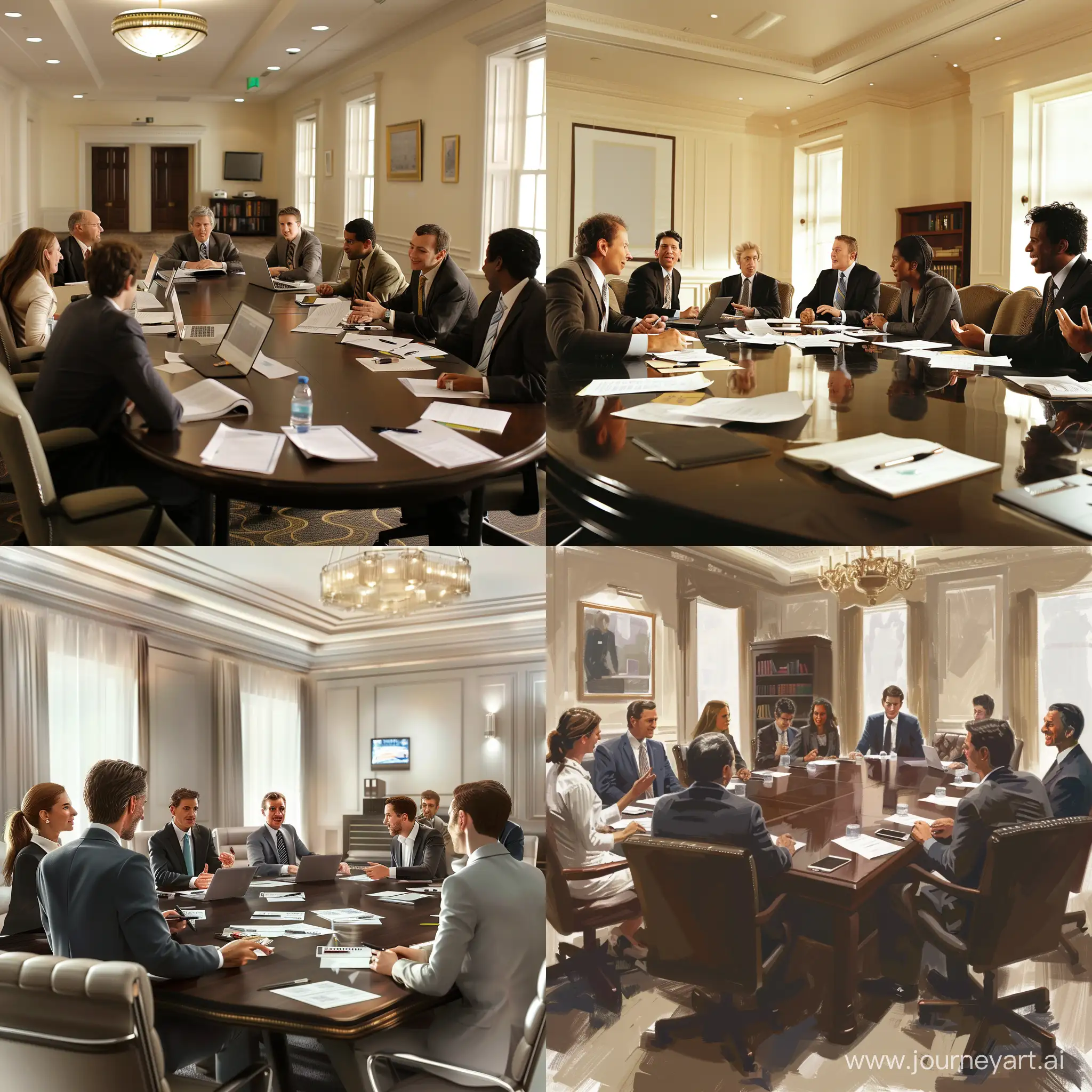 The image depicts an elegant and modern conference room, with clean and bright walls and a large, dark wood conference table in the center. Around the table, there are comfortable upholstered chairs, indicating a professional yet welcoming environment. On the table, there are scattered papers, open laptops, and pens, suggesting an ongoing discussion.

The meeting participants are dressed professionally, wearing well-tailored suits and stylish attire, but there's a relaxed atmosphere in the air. Some of them are smiling and gesturing as they speak, indicating lively and relaxed conversation. Others are leaning forward, showing engagement and interest in what's being discussed.

The lighting in the room is soft and diffused, creating a warm atmosphere. Perhaps there's a large window in the background, allowing natural light to enter the room and illuminate the space. In the background of the room, there might be an elegant bookshelf or a projection screen, indicating that this is a modern and functional meeting room.

Overall, the scene conveys a sense of camaraderie and confidence among the participants, with fluent conversation and a conducive atmosphere for closing important deals.
