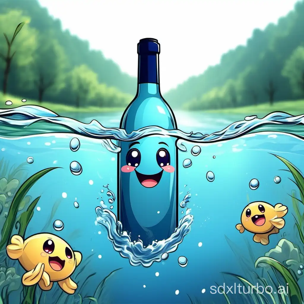 A wine bottle is swimming happily in the river. The bottle is blue, with cute expressions and short hands and feet. Overall, it is very simple and cute