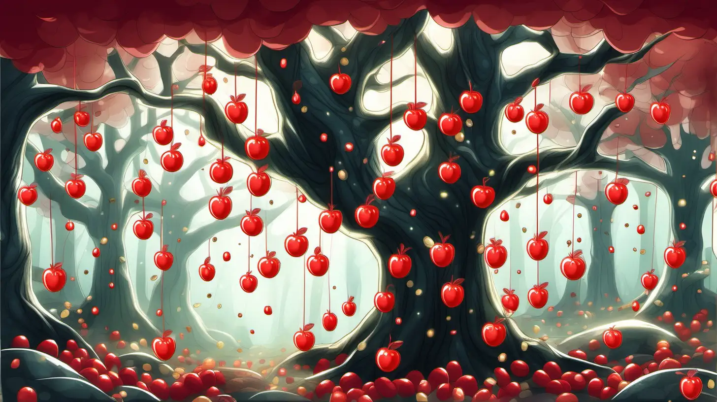 illustrate a tree whose fruits are little red candys, make the tree fully visible, in the magical forest