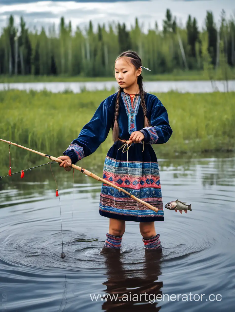 Yakut-Girl-Fishing-in-Traditional-Attire-by-the-Riverside