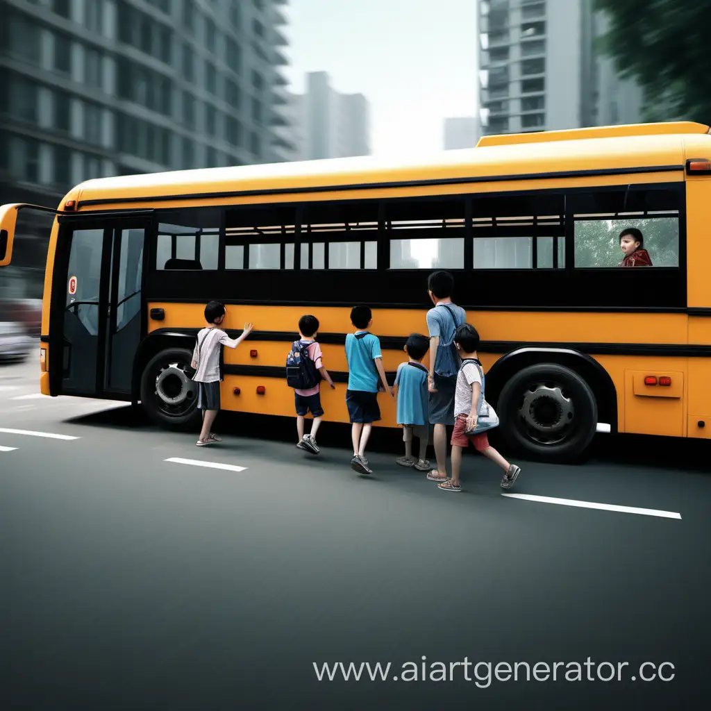 реалистичный автобус везет детей внутри их невидно

