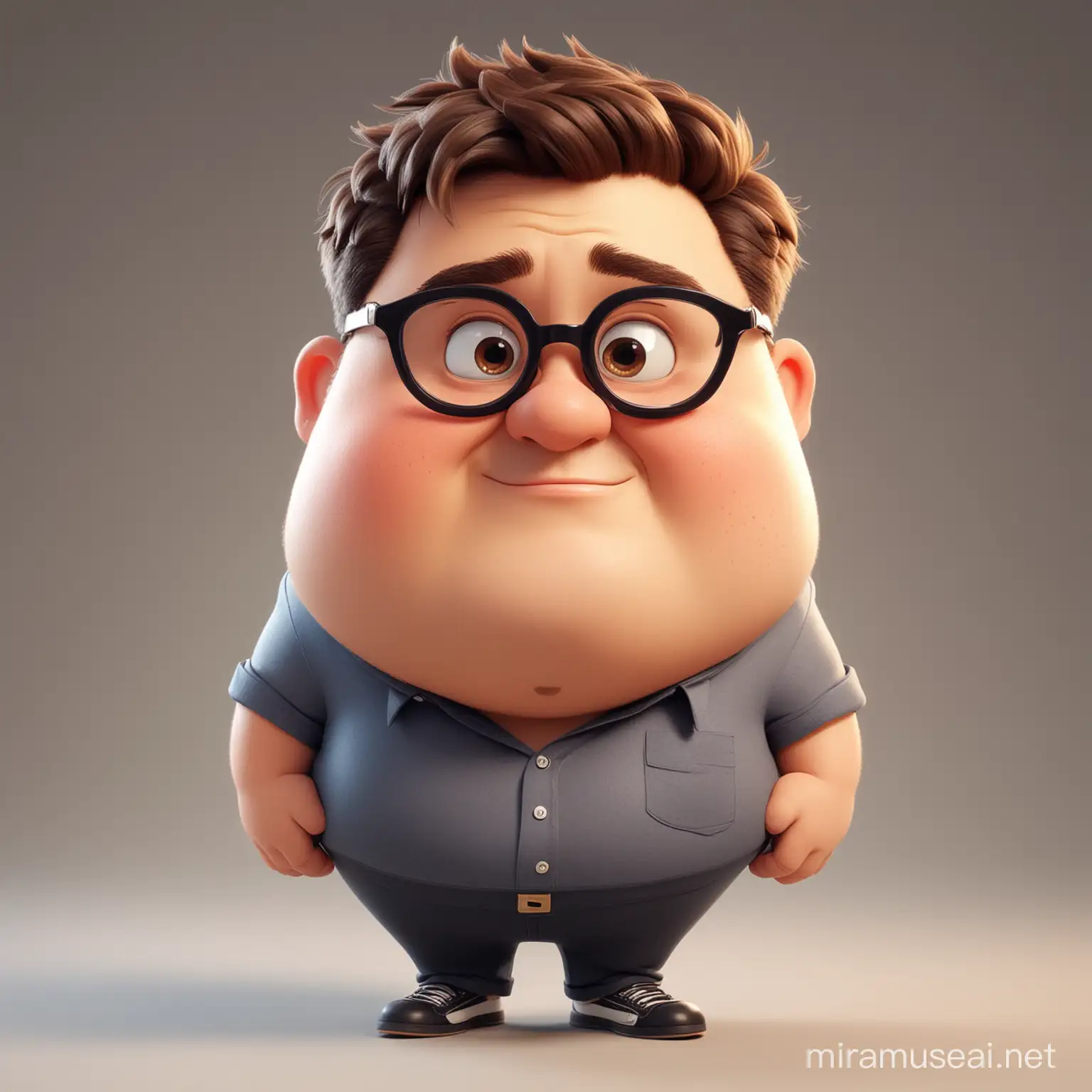 cartoon like short chubby guy with glasses
