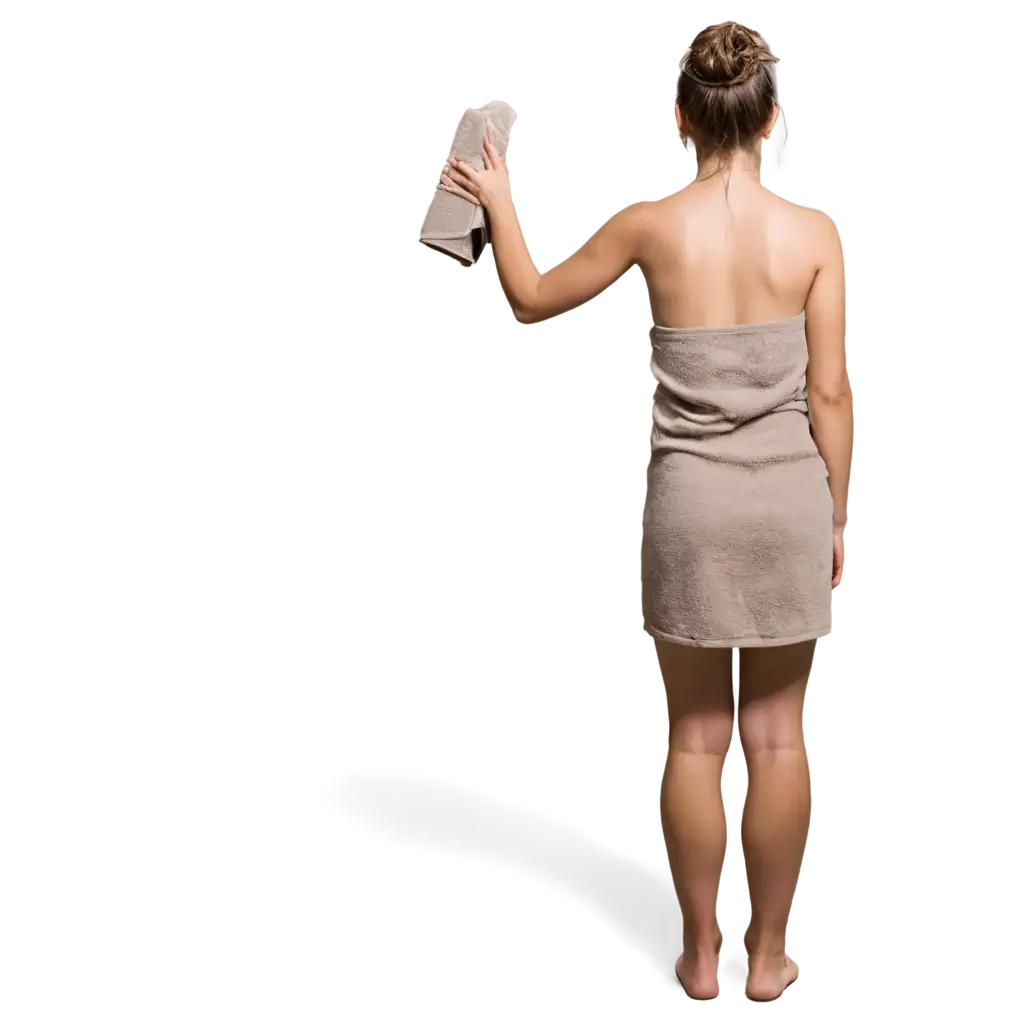 girl after a shower, stands with her back towel on her head


