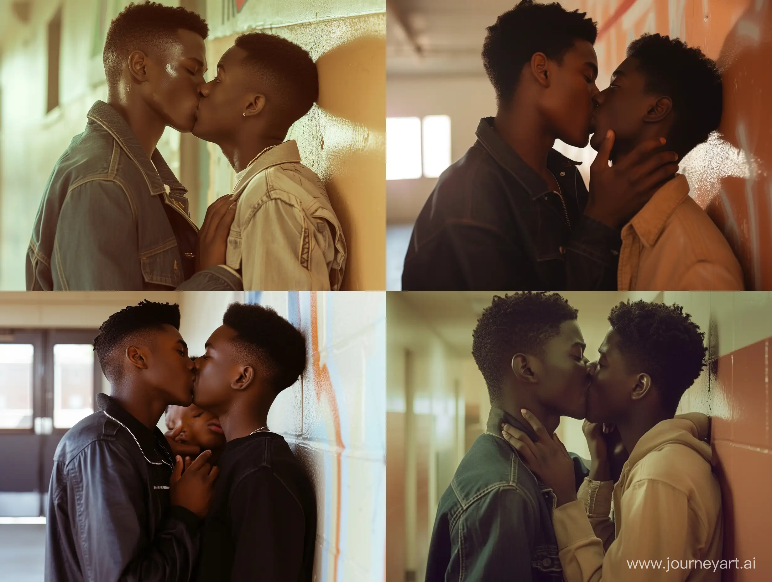 Affiche de film " Passionate love "Deux garçons afro-américains sont sur le point de s'embrasser le premier plaque le deuxième sur un mur le premier à un regard dominant il est grand beau et à un style streetwear, le second a l'air plus timide mais autant plus amoureux. la scène se passe dans un lycée, 
