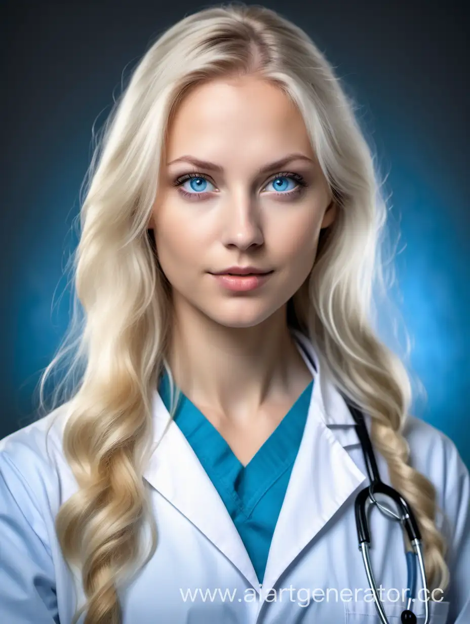 Adult female from Sweden, slightly wavy long blonde hair and icy blue eyes, doctor clothes 