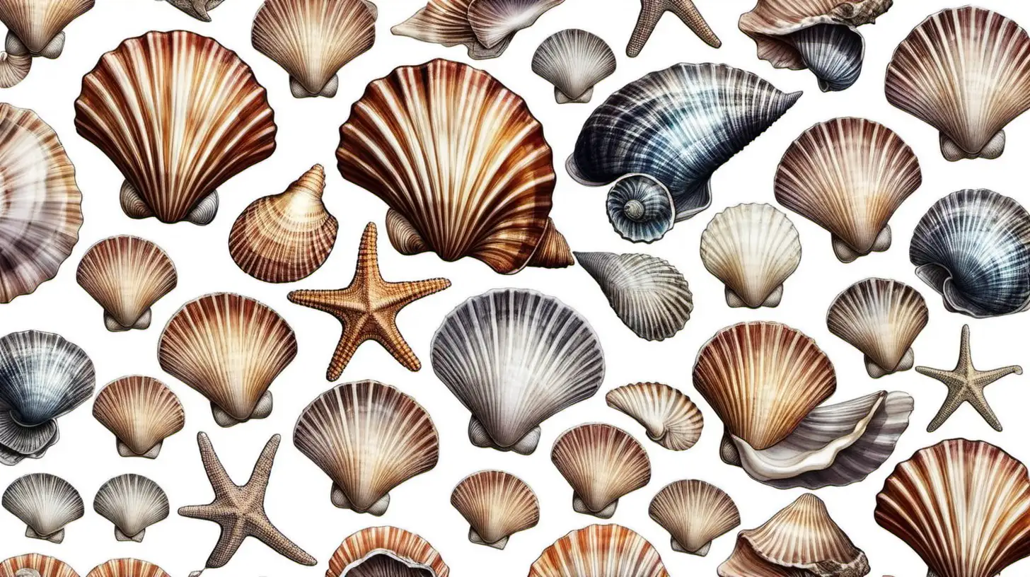 Pattern of sea shells on white background