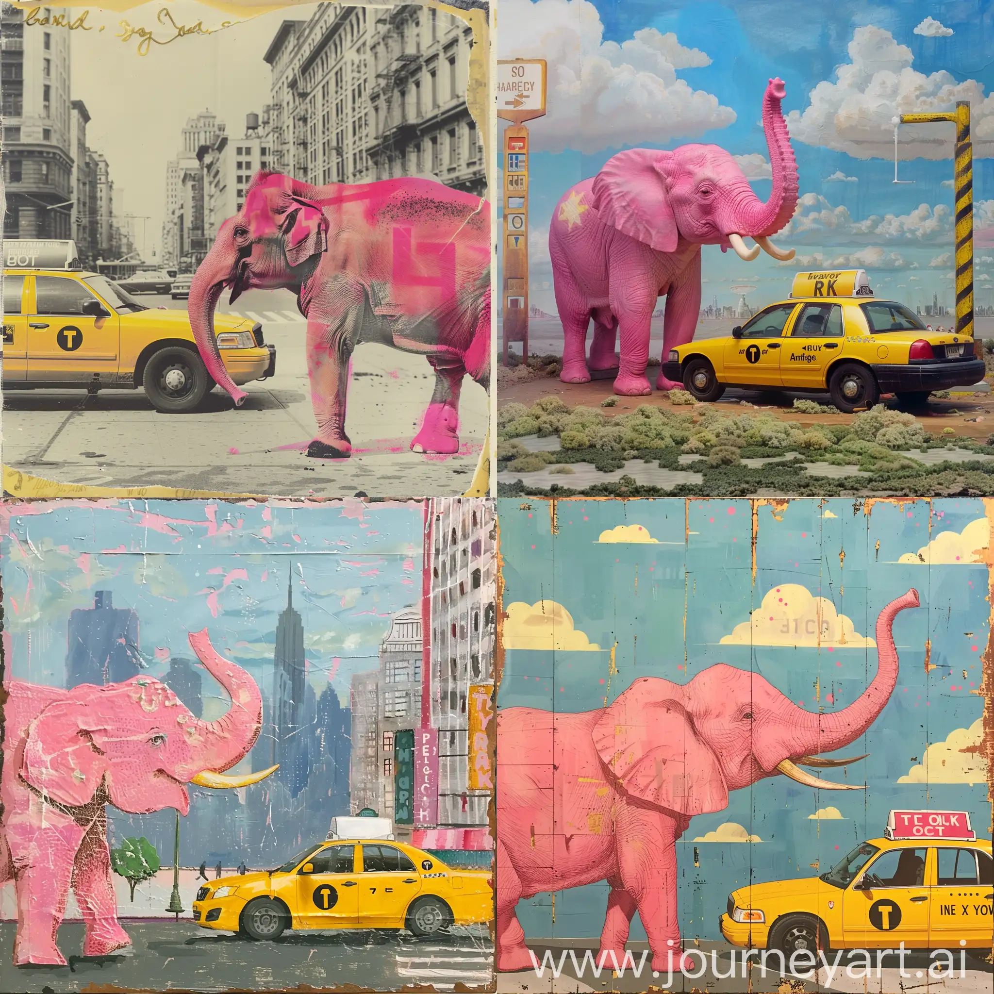 Whimsical-Pink-Elephant-Riding-Yellow-Taxi