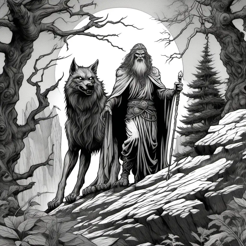 adult coloring book, black and white. Illustrated, dark lined, no shading, highly detailed. Illustrate a closeup fantasy scene of a druid standing alone on a hilltop with a ghostly wolf inspired by Frank Frazetta.