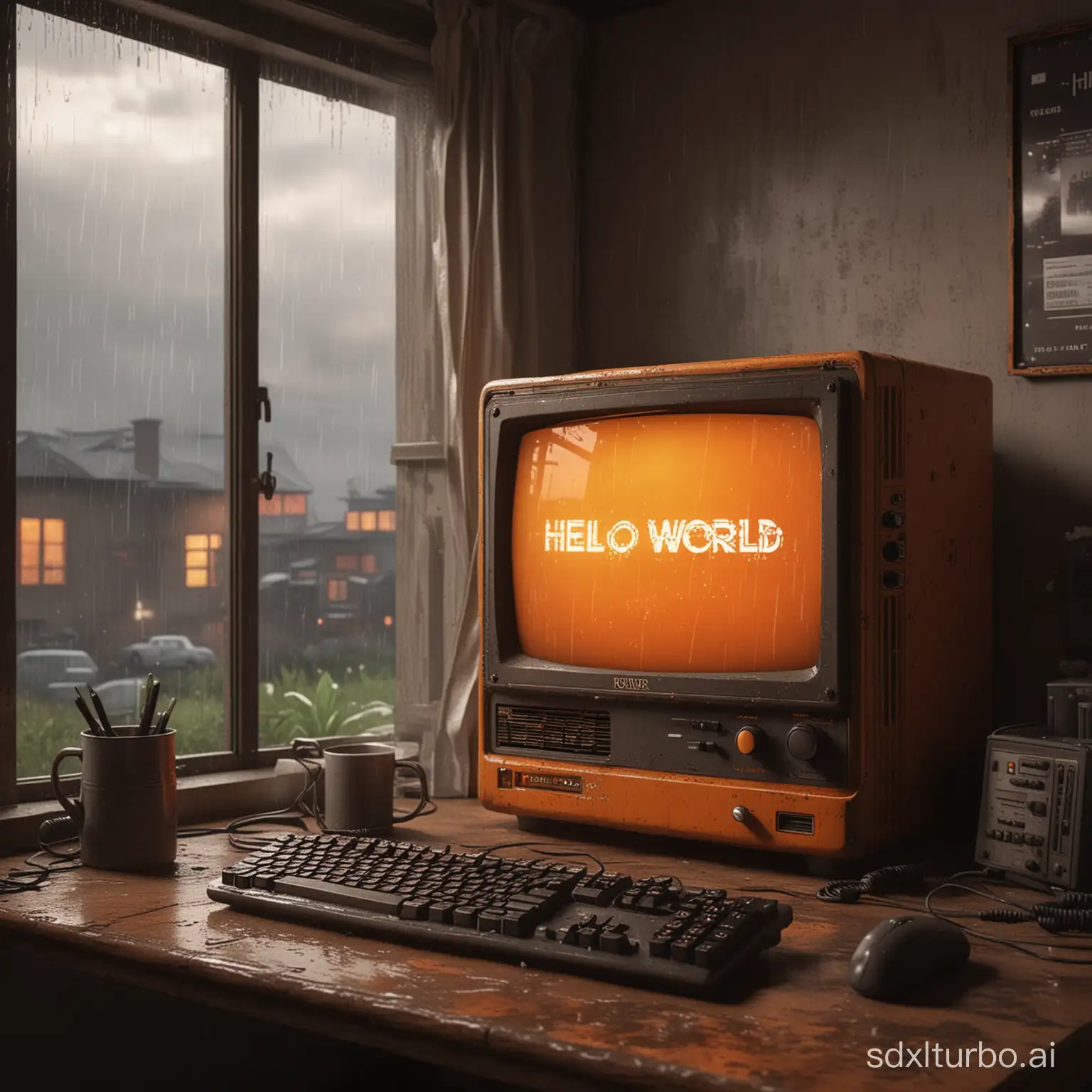 a retro pc in a dystopian house, with the text "hello world" on pc display. the windows are open and the weather is rainy with dark clouds. orange pc display, realistic, 8k, cinematic