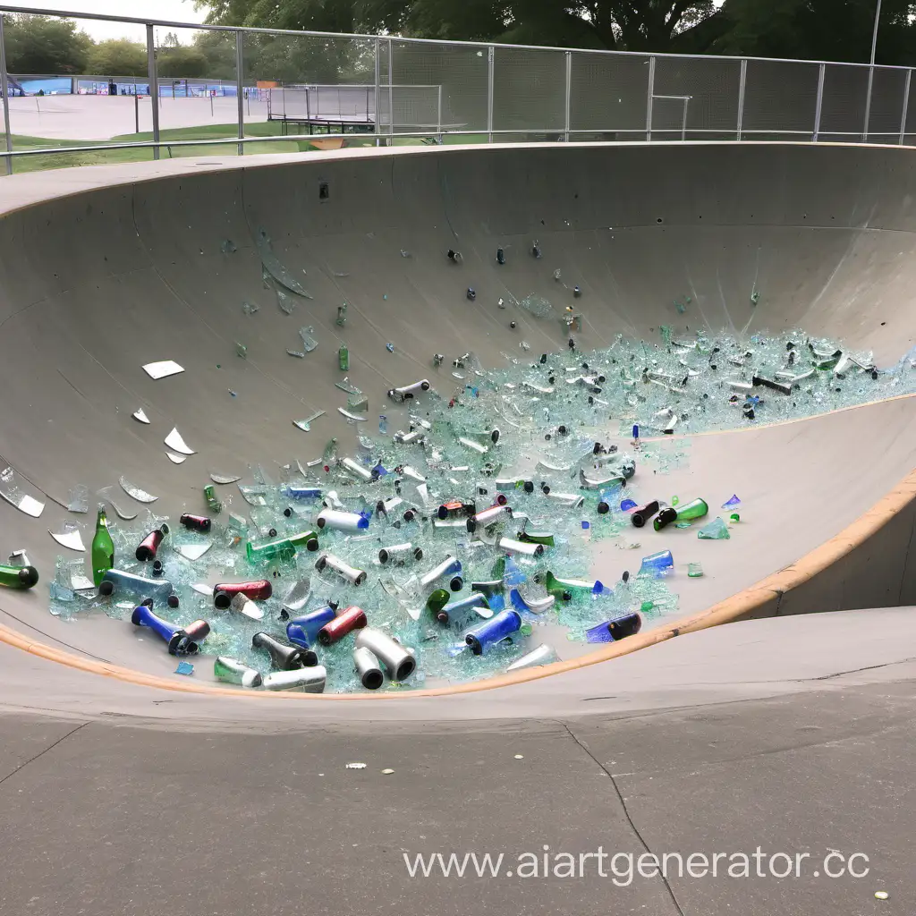  скейтбордная площадка полная разбитого стекла и бутылок