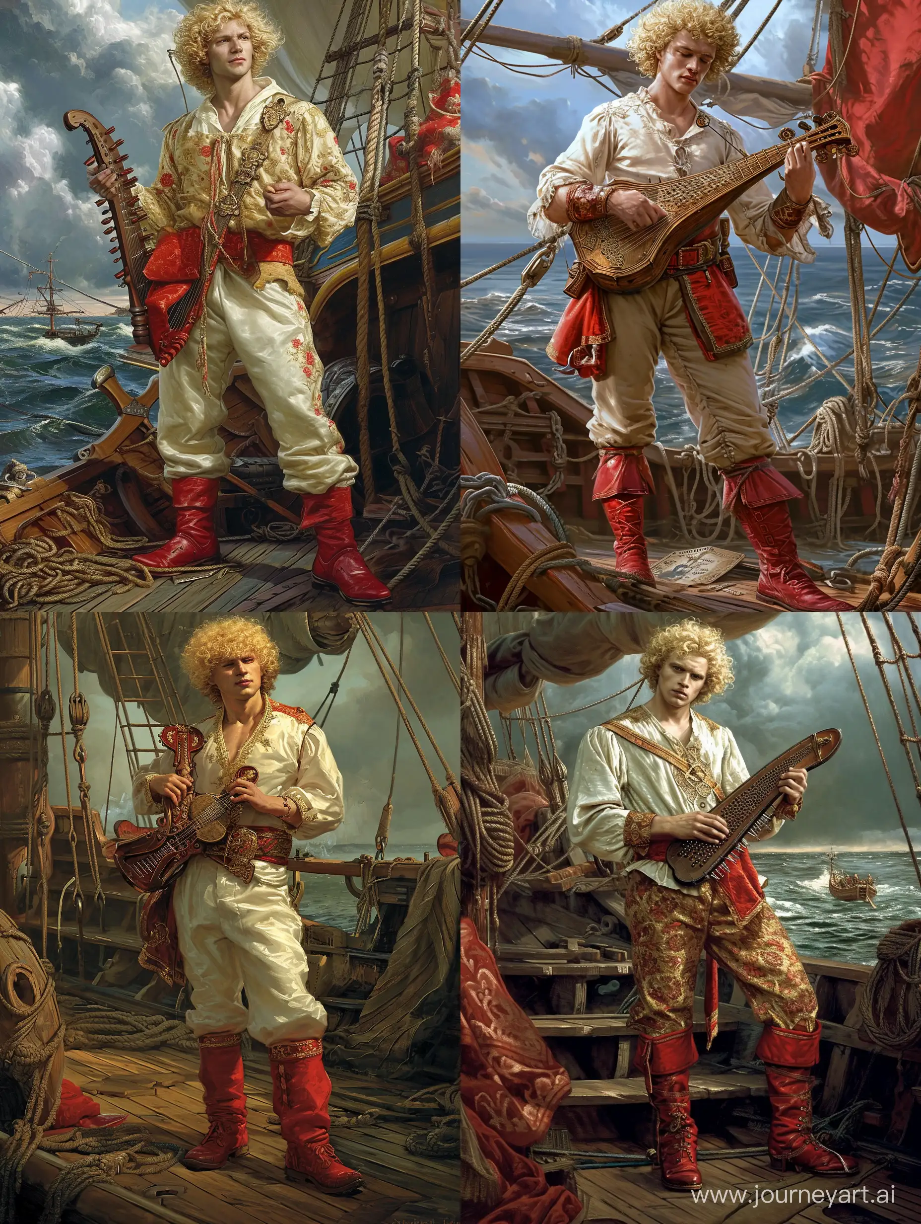 Russian Russian fairy tale hero, a man of heroic stature, very strong, full-length, beautiful Russian shirt and trousers, red boots on his feet, blonde curly hair, he holds a psaltery in his hands, he stands on the deck of an ancient Russian ship and plays music,  a gloomy atmosphere, mysticism, folklore