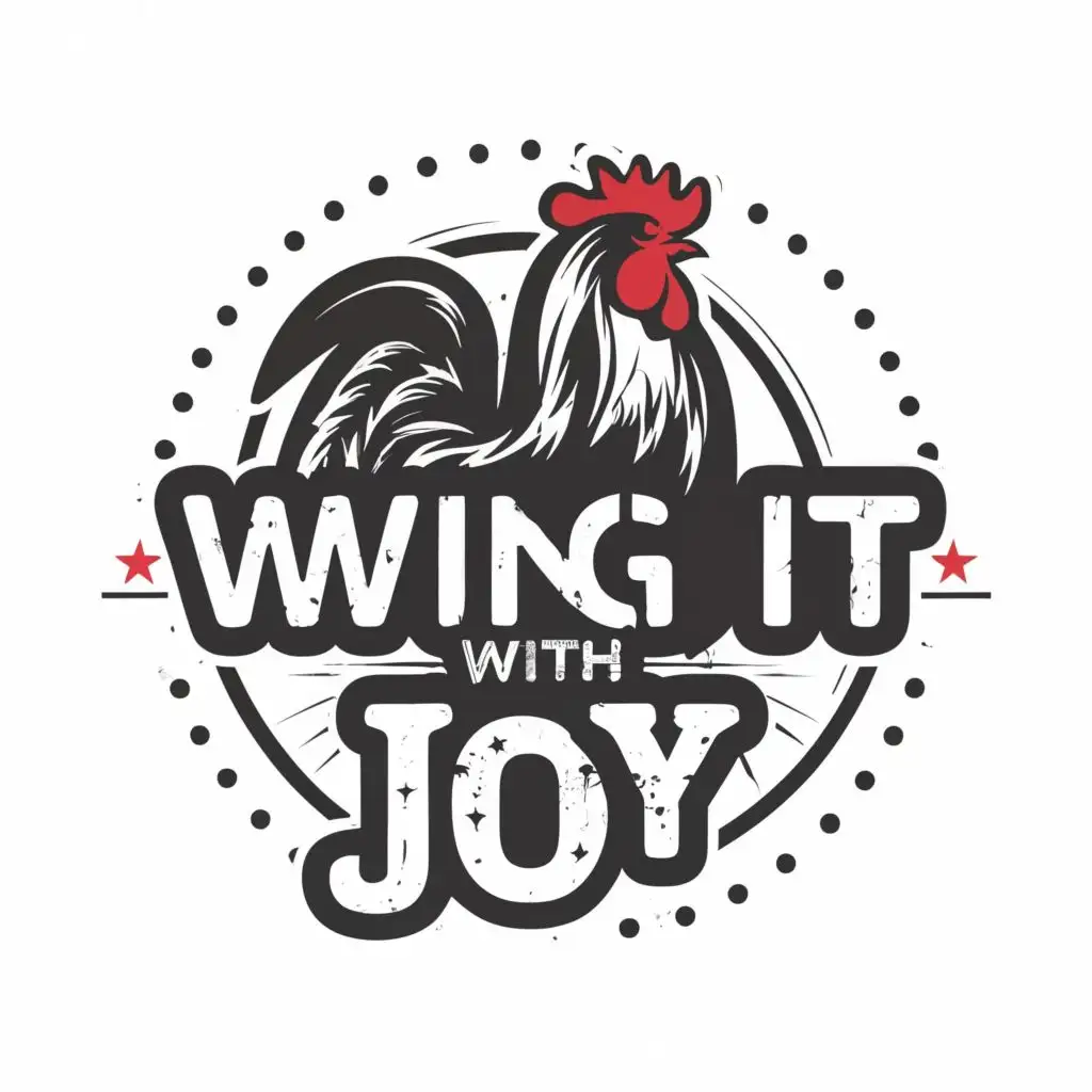 LOGO-Design-For-Wing-It-With-Joy-Playful-Rooster-Smiles-Amidst-Hot-Wings-in-Black-and-White-Typography