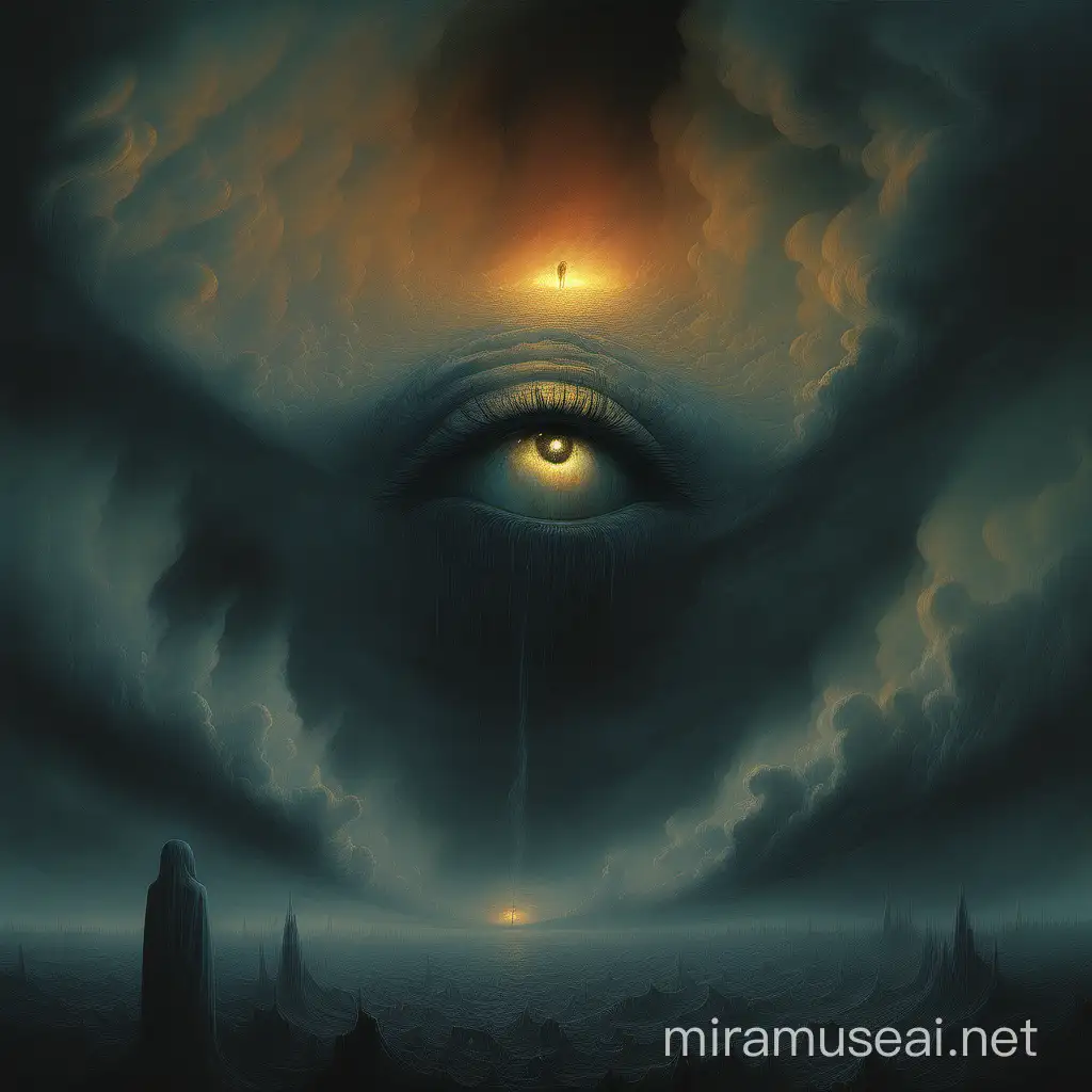 create an image in the style of Beksinski where eye hidden in the dark clouds and tears fall fron the eye and burn