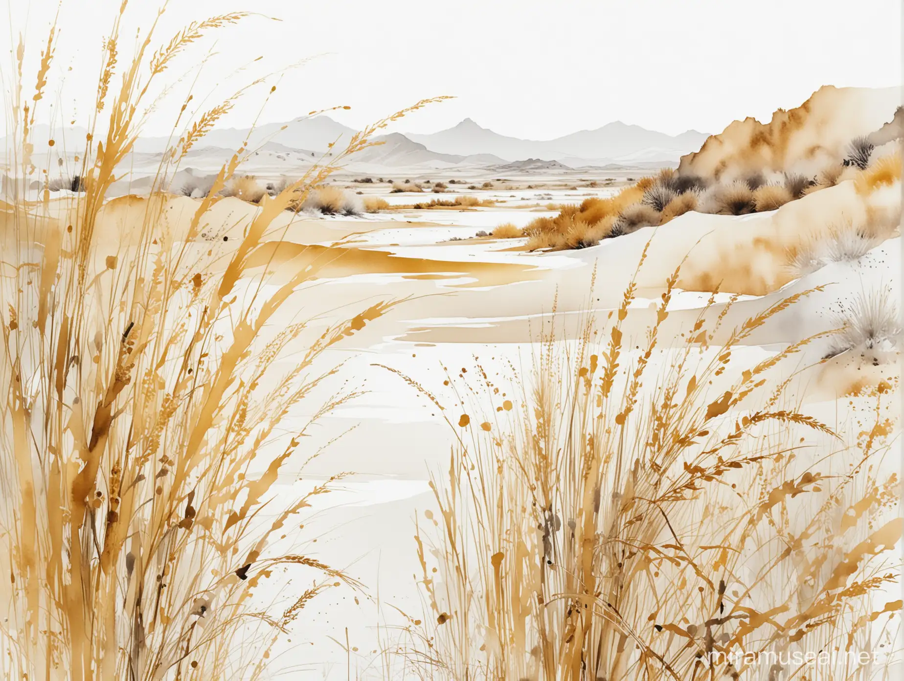 Trawa pustynna, spokojne barwy, złote dodatki, grafika na białym tle, nowoczesna abstrakcja, kolorowy tusze 