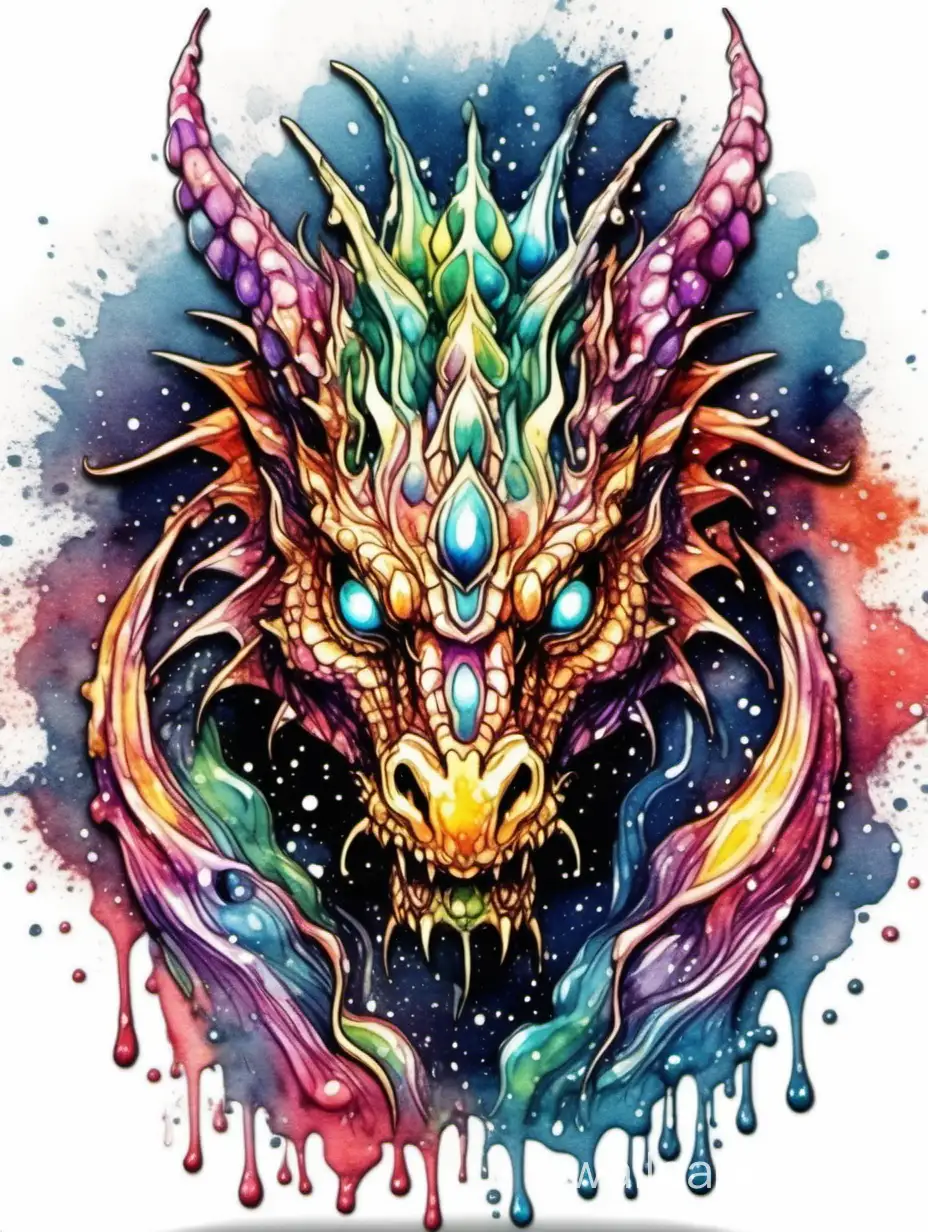 sticker, magical Bohemian front head of dragon,  high contrast dripped fluid watercolor, explosive dripped texture, ornate detailed illustration, octane render