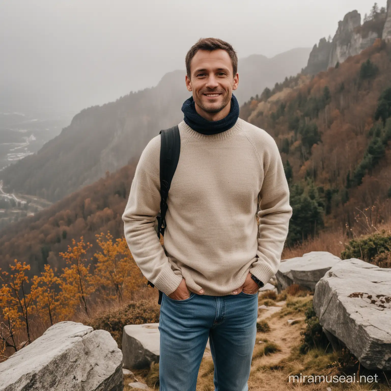 Smiling Man in Sweater and Jeans Poses on Mountain Cliff Overlooking Forest