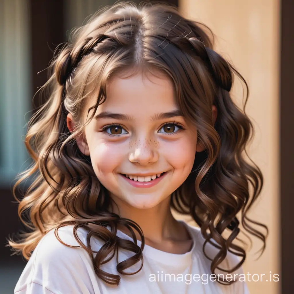 young girl with dimples and brown wavy hair in a funny hairstyle

