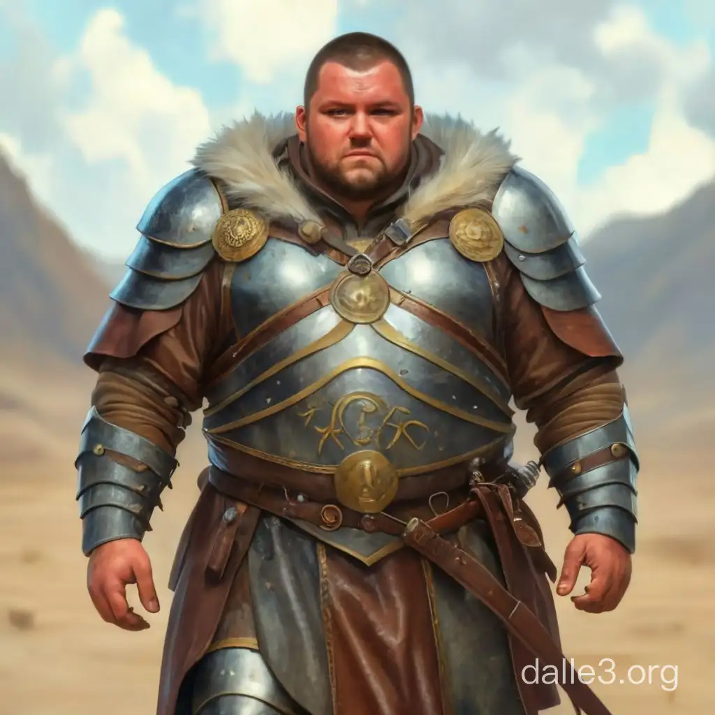 Generate an image of a fat man, brunette, medieval fantasy warrior wearing a travel cloak and leather armor style with smooth face for dnd character