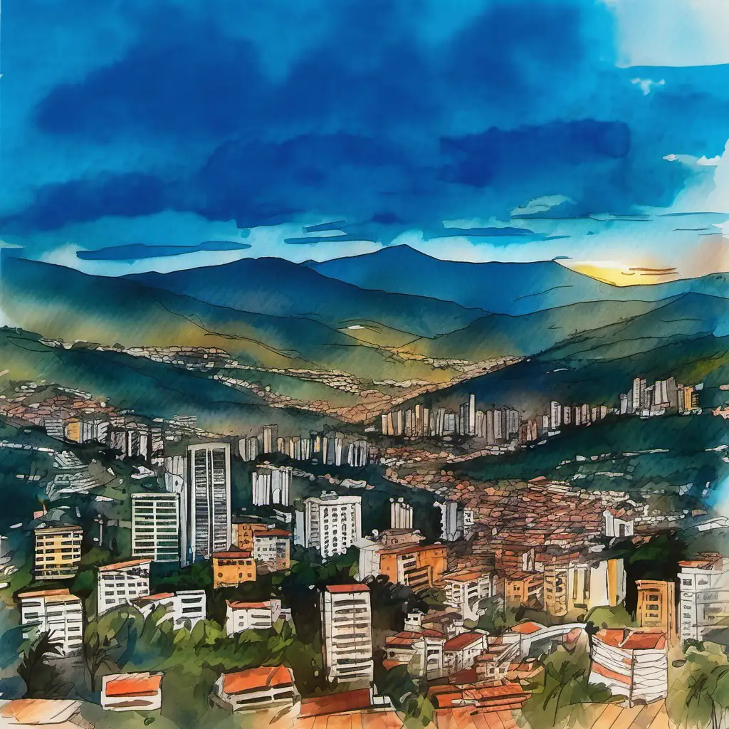 Watercolor Sketch of Medellin Colombia Skyline at Sunset