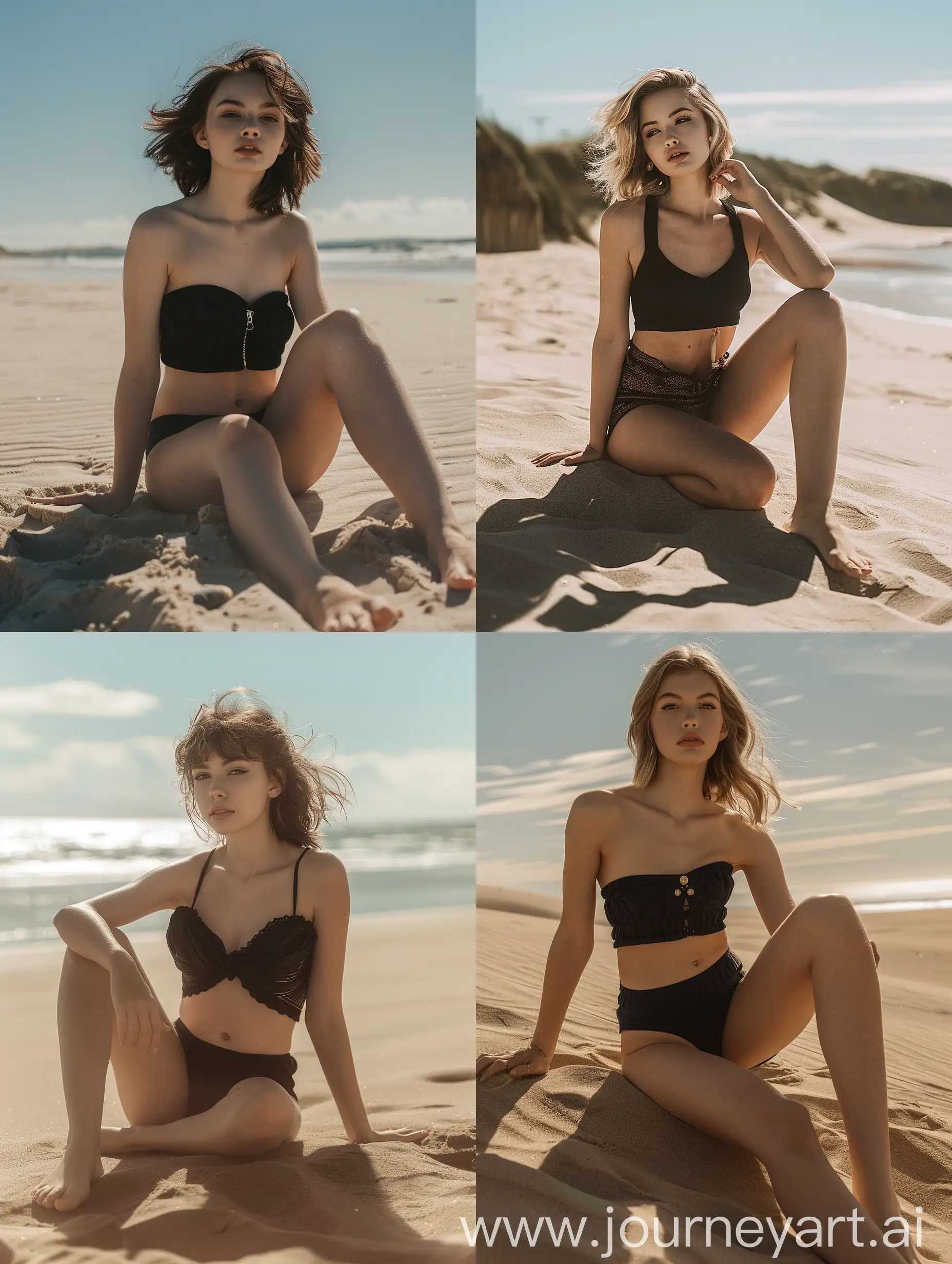 Anya Taylor Jay, lif, professional photo, dressed in a bright short black bodice and short  shorts, barefoot, sits beautifully on the sand, beautiful model pose, against the background of sand and sea and sky