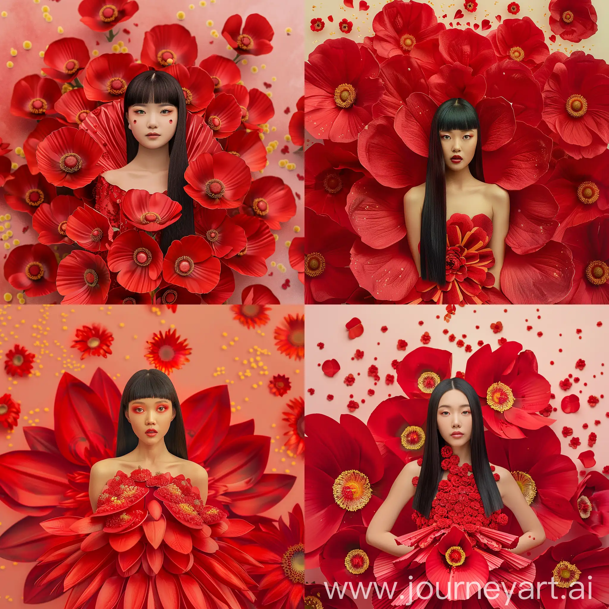 A beautiful asian bride with straight black hair wearing a red flower petal shaped dress, standing on a light red background, with many Red flowers of the dead with yellow pollen behind her