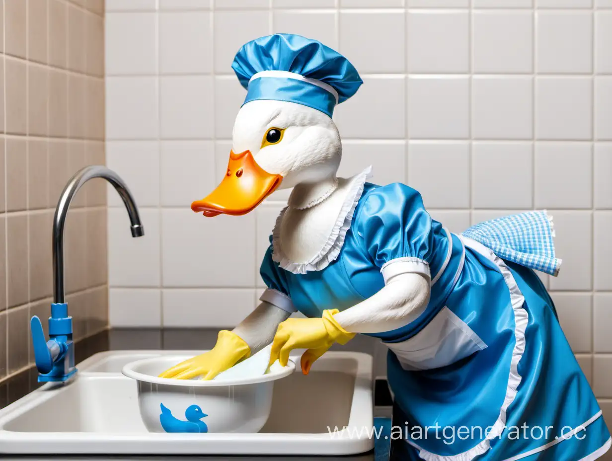 Adorable-Duck-in-Blue-Maids-Costume-Doing-Dishes