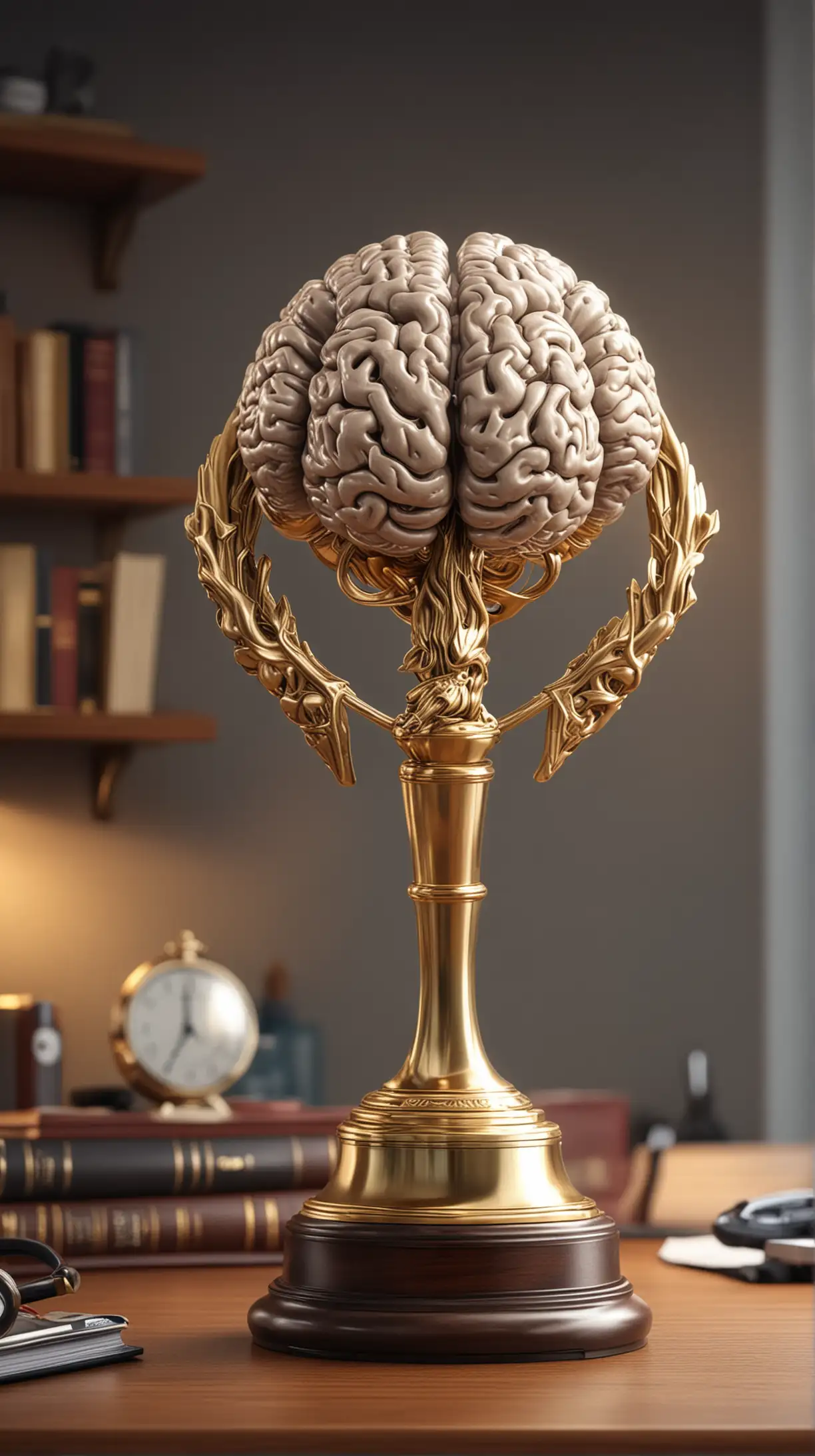 Epic Brain Health Champion Trophy in Hyper Realistic Doctors Office Setting